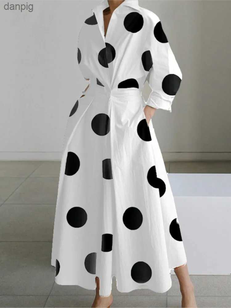 Urban Sexy Dresses Autumn Dress Long Slave Dot Printed Elegant Womens Long Dress 2023 White Casual V-neck Shirt Party Long Dress Robe Womens Y240402