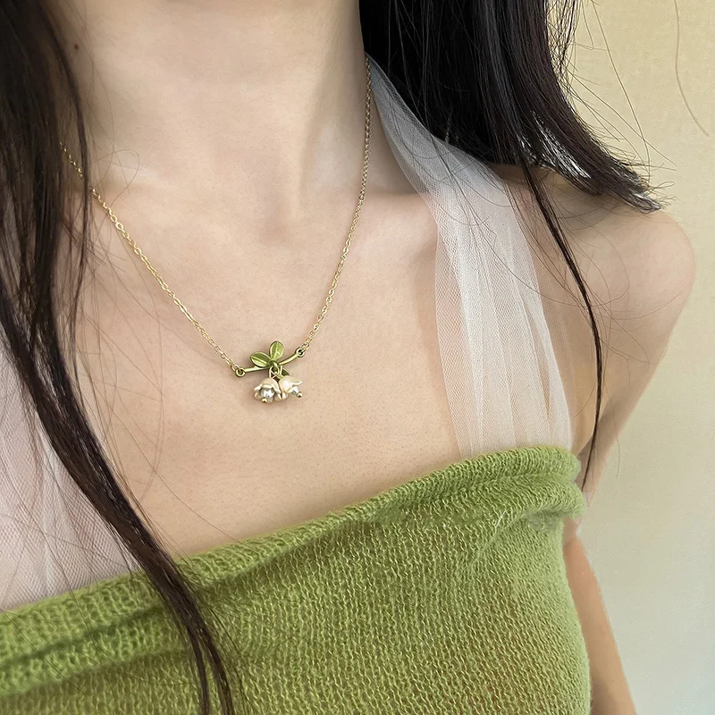 Simple White Lily Flower Pearl Jewelry Set for Woman Lily of The Valley Vintage Dangle Earrings Necklace Bracelet Accessories