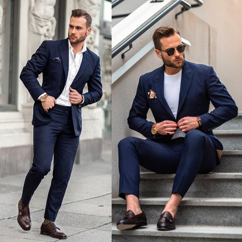 Navy Blue Wedding Suit Male Slim Fit Bridegroom Tuxedos For Men Casual Groomsmen Suits Formal Business 2 Piece ( Jacket+Pants )