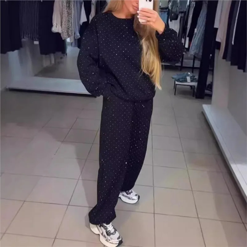 Womens pants set autumn item O-neck diamond long sleeved T-shirt sweatpants fashion women 2-piece set 241031