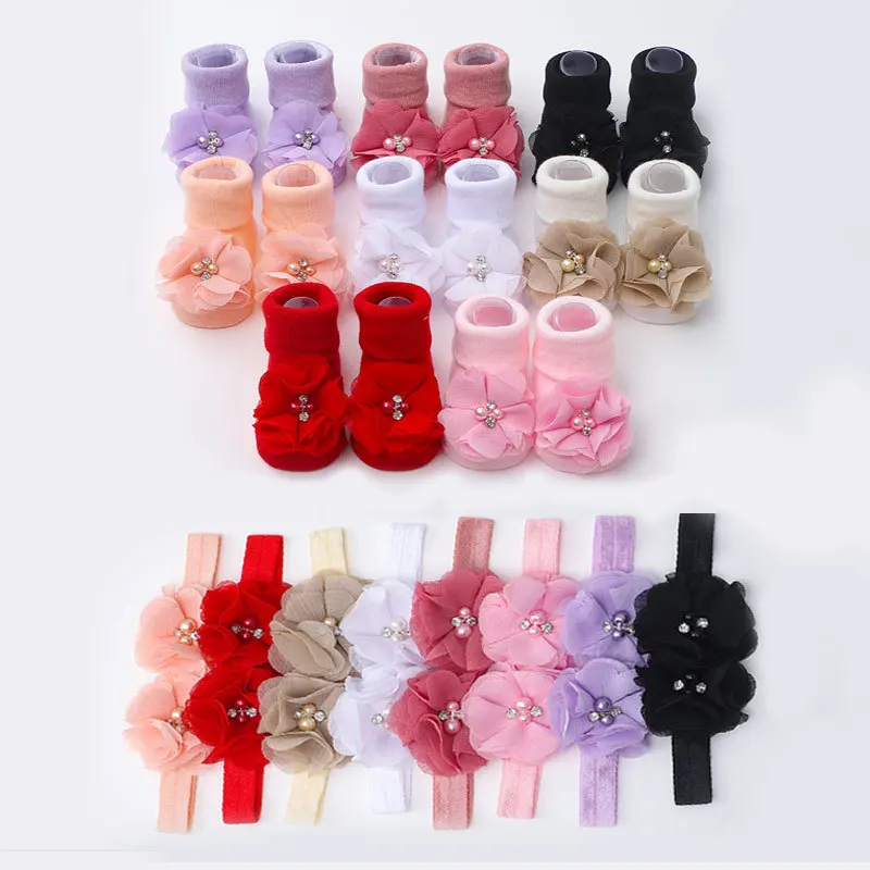 1Set Newborn Handmade Pearl Flower Headbands Mid Socks New Baby Soft Prewalker Sock Girl Infant Cute Knitted Hairband Socks