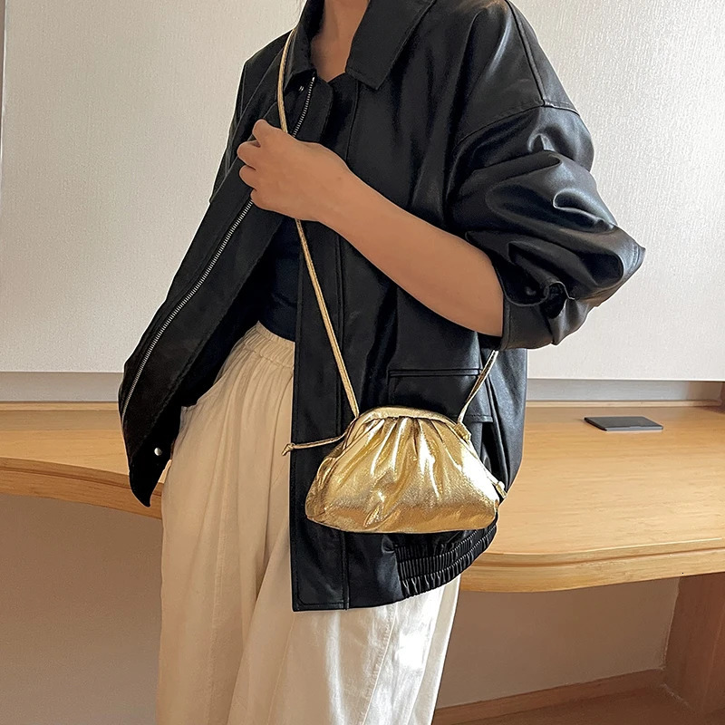 gold and silver handbag womens fashionable clutch pleated evening wallet high-quality soft leather chain shoulder cross body bag 241031