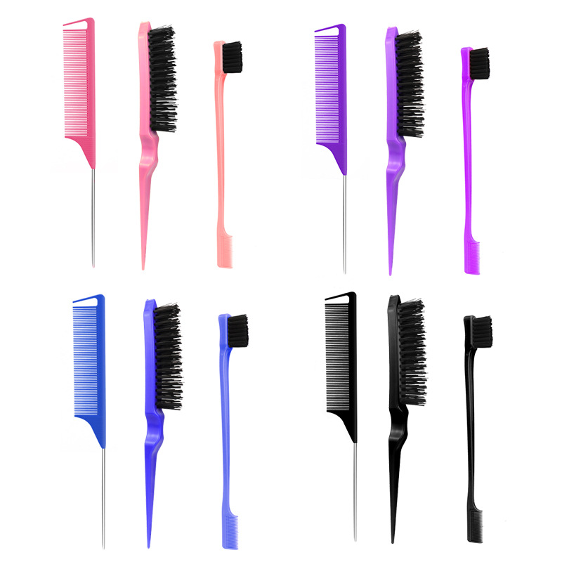 3 Pieces Hair Brush Set,Hair Styling Comb Including Dual Sided Edge Brush & Rat Tail Comb and Teasing Comb for Women Girl Barber
