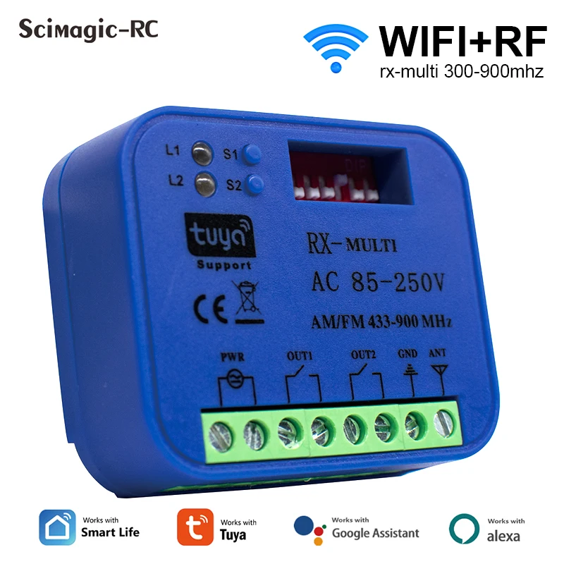 Rx Multi 433 a 868 Mhz Smart Opening Door Garage Controller Wifi Receiver 2CH Tuya Remote Control Switch 12V 24V 220V SMG-8122