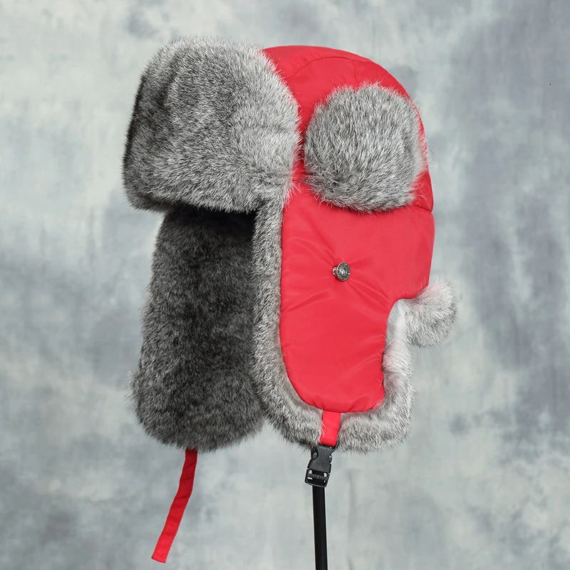 Mens unisex warm hunting device pilot cavalry earmuffs winter warm flap ski hat bomber hat 100% natural real rabbit fur hat 241031