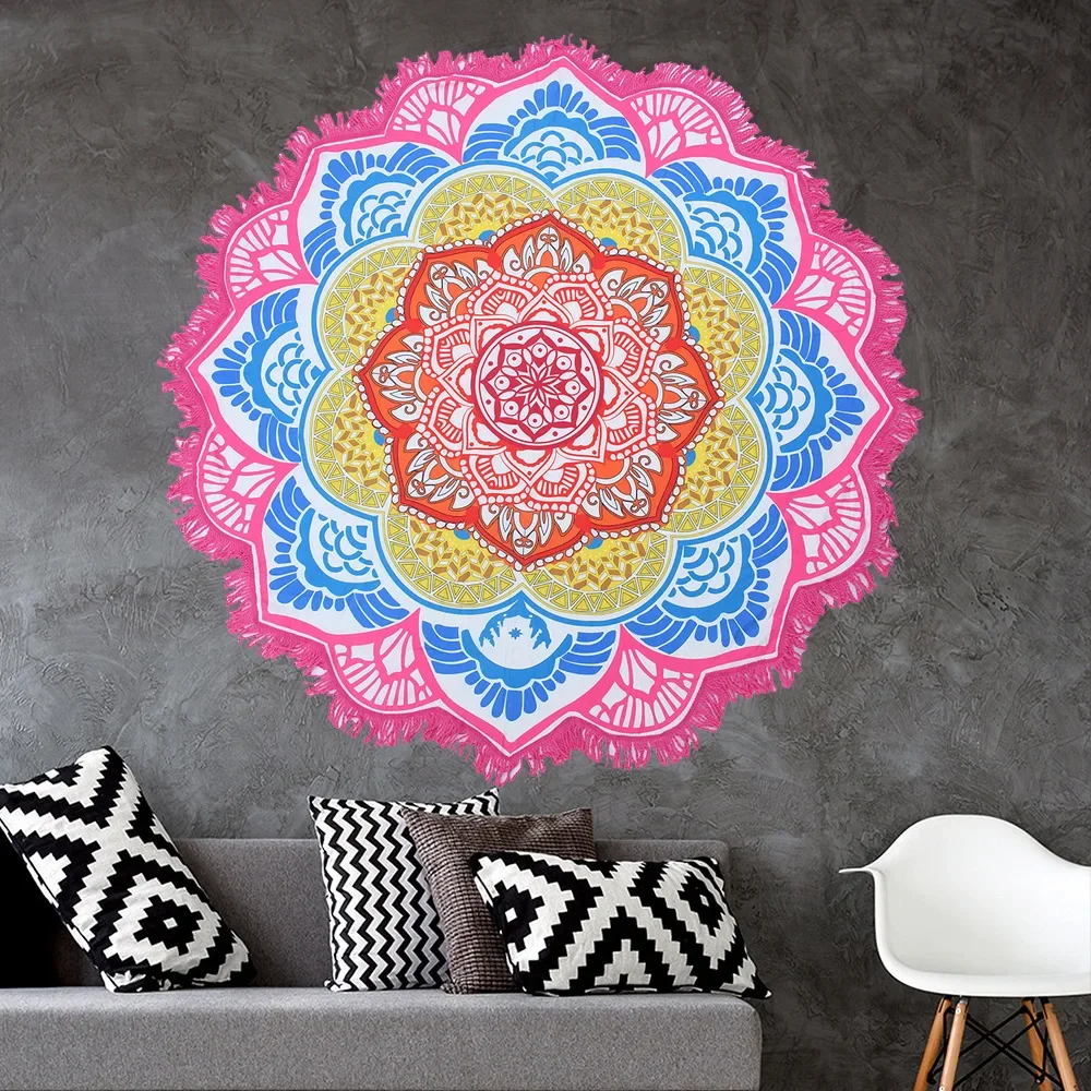 Yoga Mat Chakra Beach Towel Tassel Toalla Mandala Tapestry Sunblock Round Cover-Up Bath Towel Lotus Bohemian 150cm