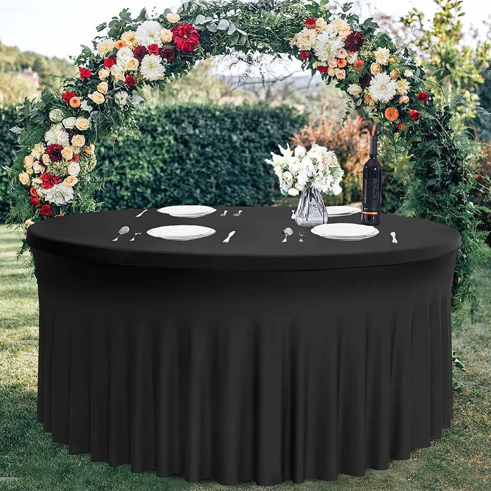 Rectangular/circular elastic table ski el outdoor birthday banquet table cover black and white spandex elastic tablecloth 241031