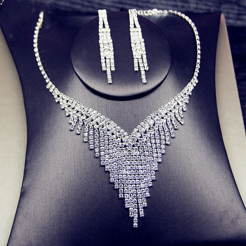 Geometric Rhinestone Necklace Earrings For Women Long Tassel Jewelry Sets Ladies Party Weddings Accessory 5