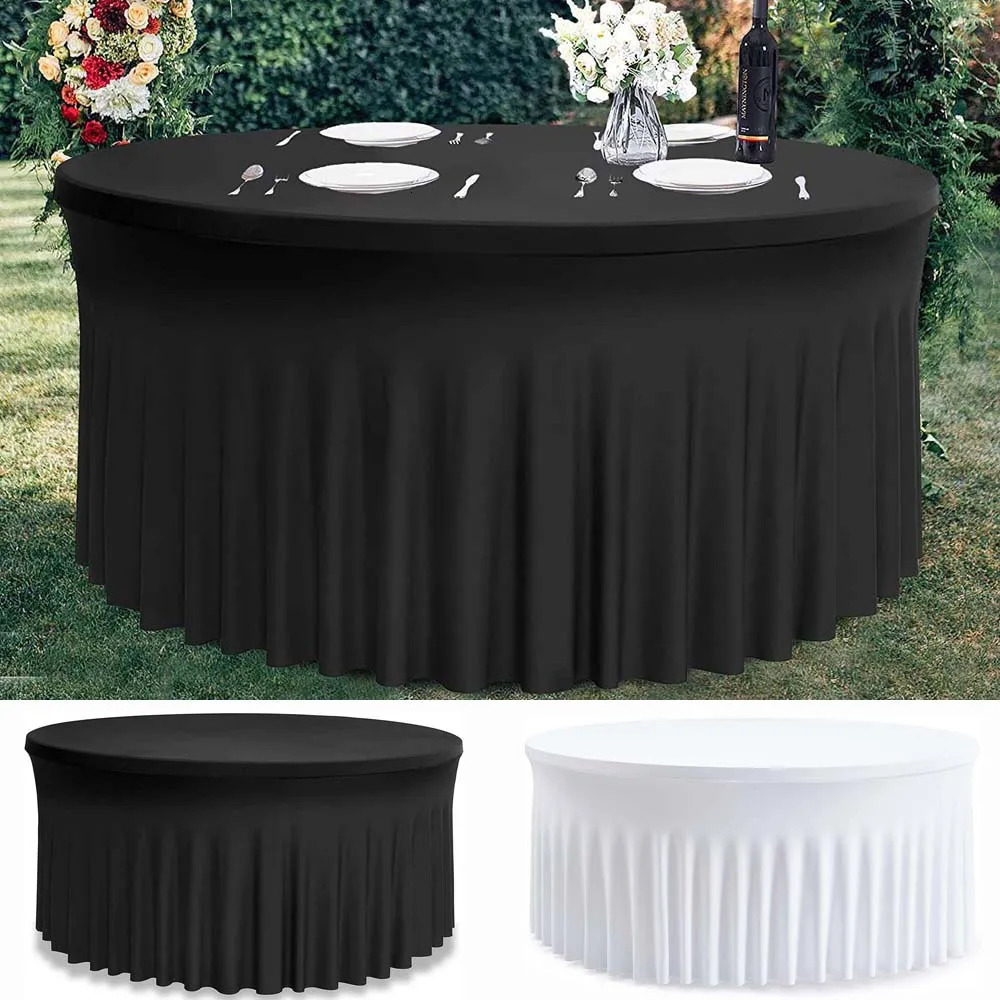 Rectangular/circular elastic table ski el outdoor birthday banquet table cover black and white spandex elastic tablecloth 241031