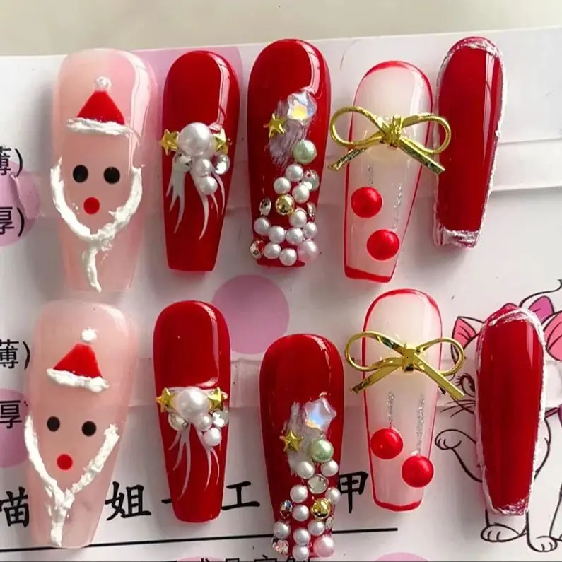 10 pieces of red green white snowflake deer pressed nail glitter powder winter Christmas hat fake nail charm fake nail art ergonomics 241031