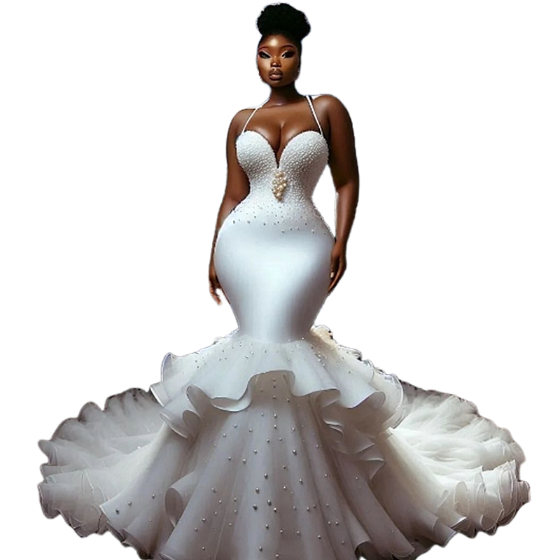 Pearls Beaded Mermaid Wedding Dresses Spaghetti Straps Long Satin Bridal Gown White Ivory African urious Vestido Back Lace-up