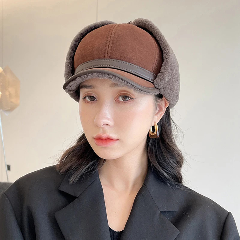 high-quality winter leather hat womens fur Lambswool warm thick ear flap bomber hat womens baseball hat Russian hat 241031