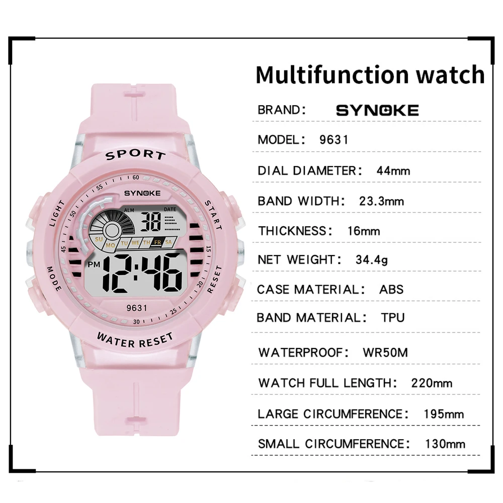 SYNOKE Fashion Kids Sport Watches 50M Waterproof Electronic Wristwatch Stop Watch Clock Children Digital Watch For Boys Girls