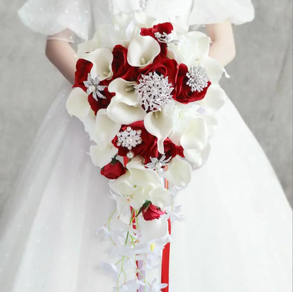 AYiCuthia Royal White Wedding Bouquet Waterfall Artificial Flowers White Bridal Pearl Bride Bouquet Fleur Mariage