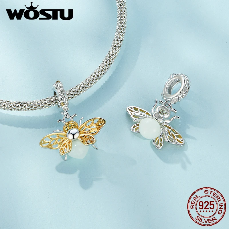 WOSTU 925 Sterling Silver Glow in the dark Firefly Charms Dragonfly Crytal Pendant Flower Beads Fit DIY Bracelet Necklace Gift