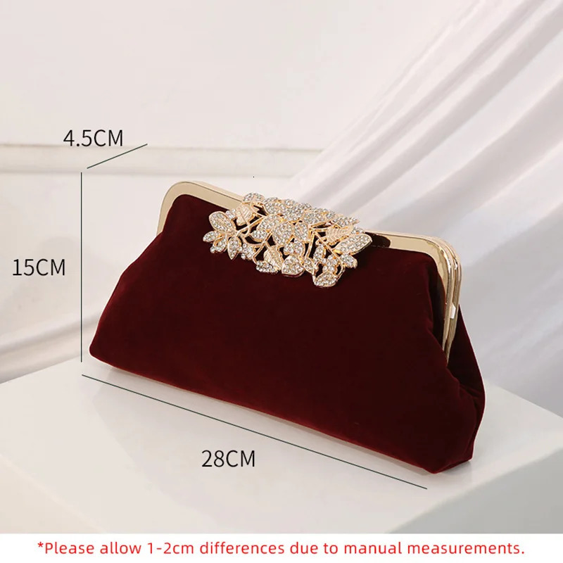 Retro Wine Red Velvet Handbag Womens Velvet Evening Bag Retro Style Bridal Wedding Party Clutch Womens Diamond Wallet XA829H 241031