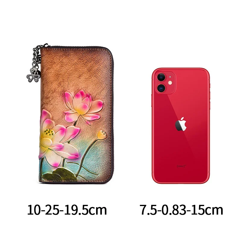 MOTAORA Vintage Long Wallets For Women Genuine Leather Phone Bags Lotus Floral Pattern Embossing Hand-painted Wallet Woman Purse