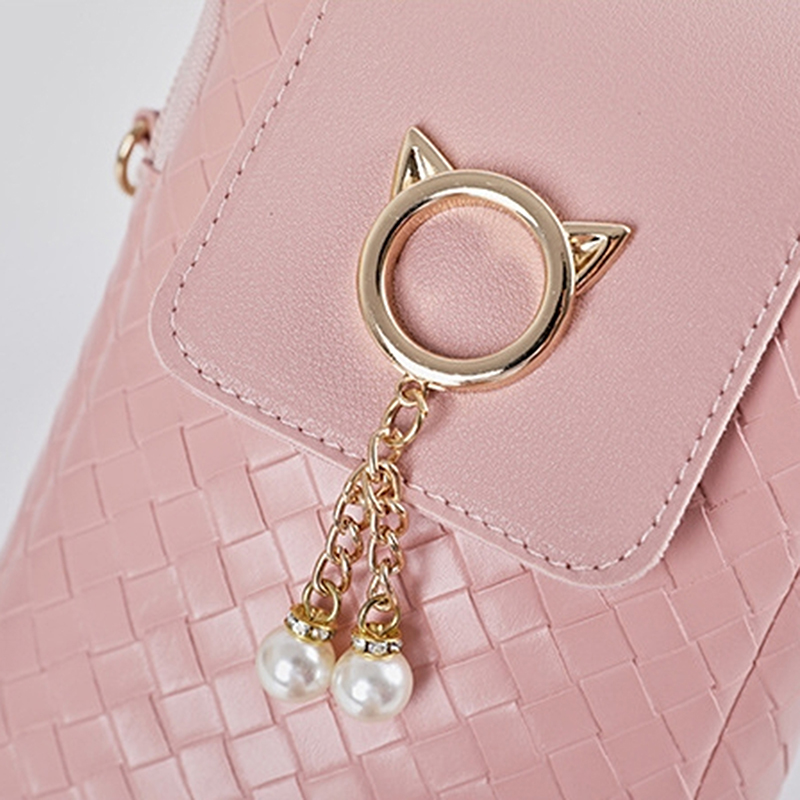 Leather Women Mini Cross-body Mobile Phone Shoulder Bag Woven Pearl Tassel Cover-style Female Bag Shoulder Diagonal Bag