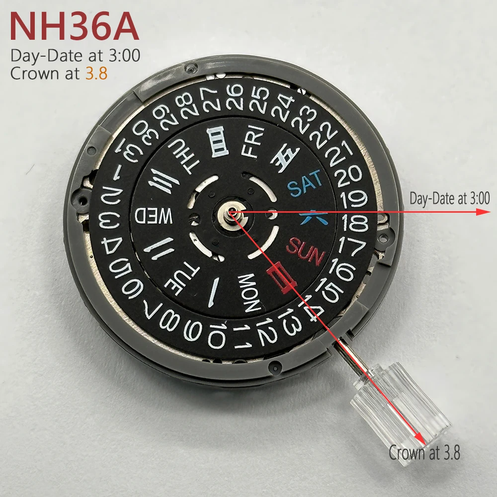 Genuine Japan NH36A Mechanical Movement Black Datewheel 3H Crown at 3.0/3.8 O'Clock Mod NH36 4R36A Automatic Mechanism 24 Jewels