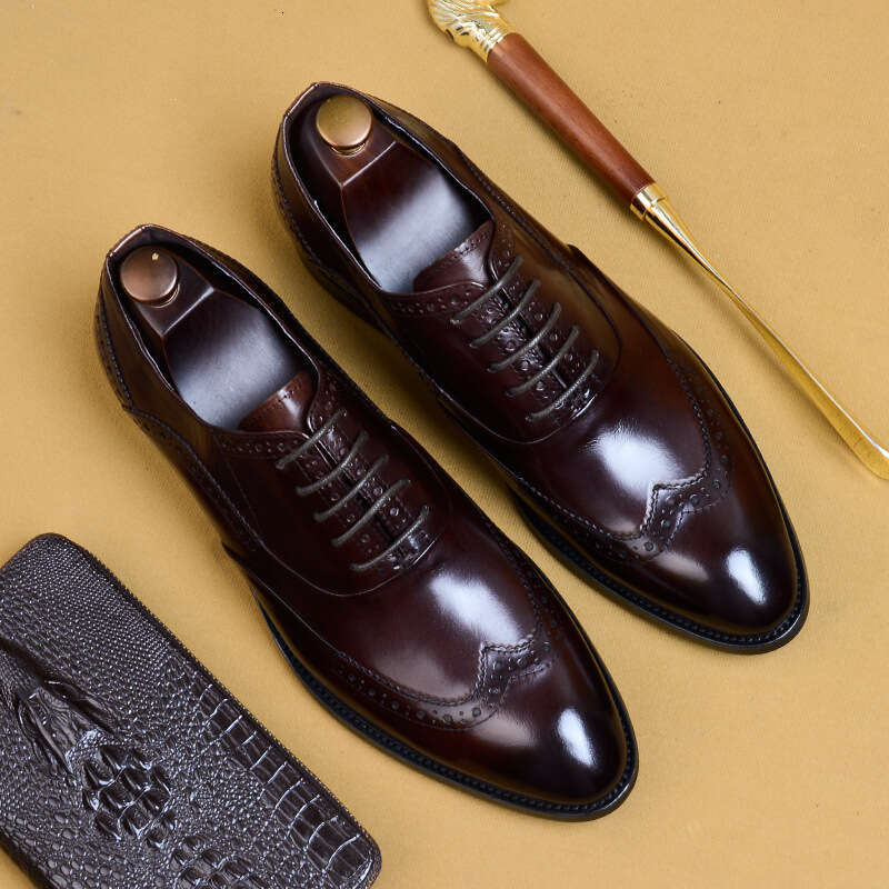 Formal Leather Shoes, Genuine Leather, British Carved Block, Men's Toe Layer, Cowhide, Business Dress, Pointed Oxford Shoes