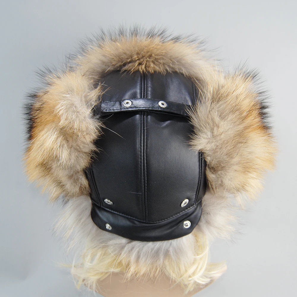 100% real fox fur hat for women Russian Wusanka pilot hunter snow skiing hat earmuffs winter raccoon fur bomber hat 241031