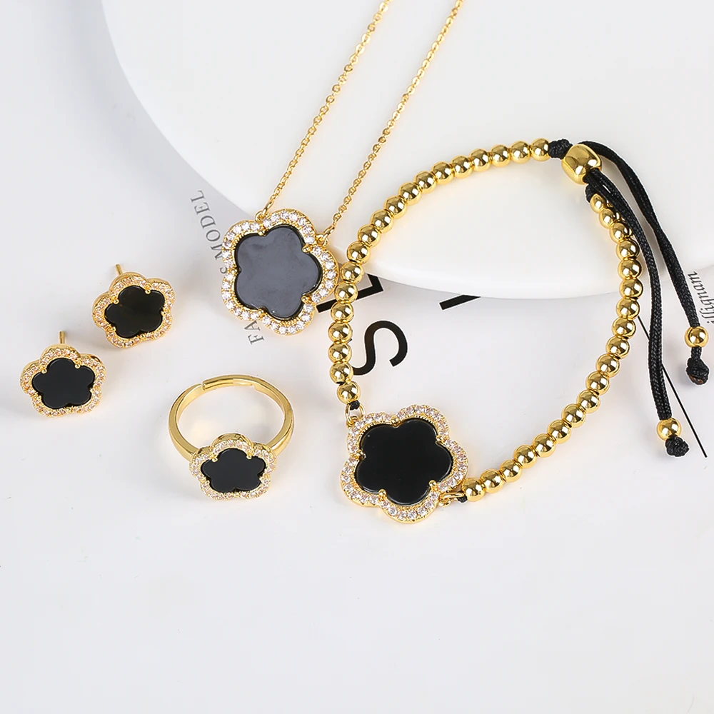 2023 Hot Selling Jewelry Set Natural White Shell Stone Plant Five-leaf Flower Pendant Necklace Earring Ring Jewelry Set