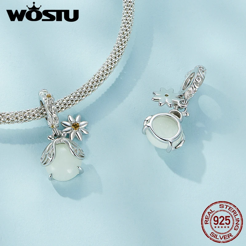 WOSTU 925 Sterling Silver Glow in the dark Firefly Charms Dragonfly Crytal Pendant Flower Beads Fit DIY Bracelet Necklace Gift