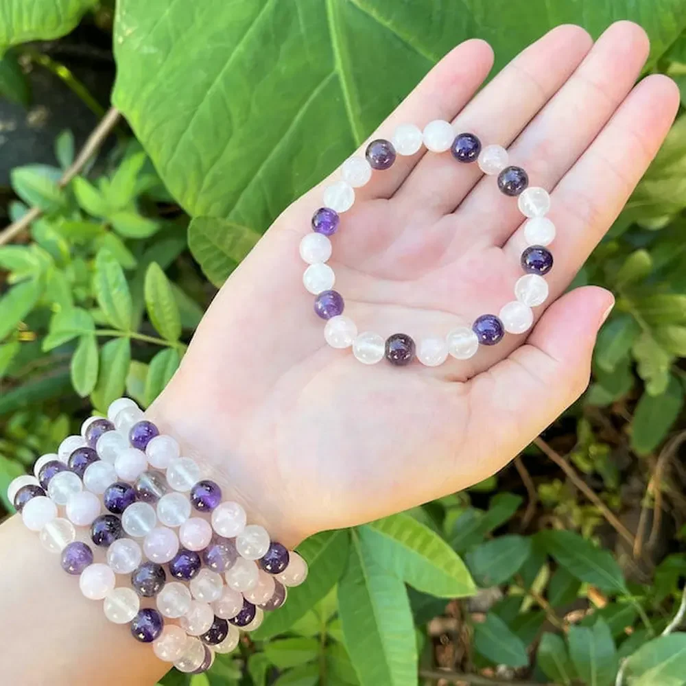 Crystal Healing Bracelet Amethyst Clear Quartz Rose Quartz 8 mm Round Healing Crystals (Stretch Bracelet, Gemstone Bracelet)