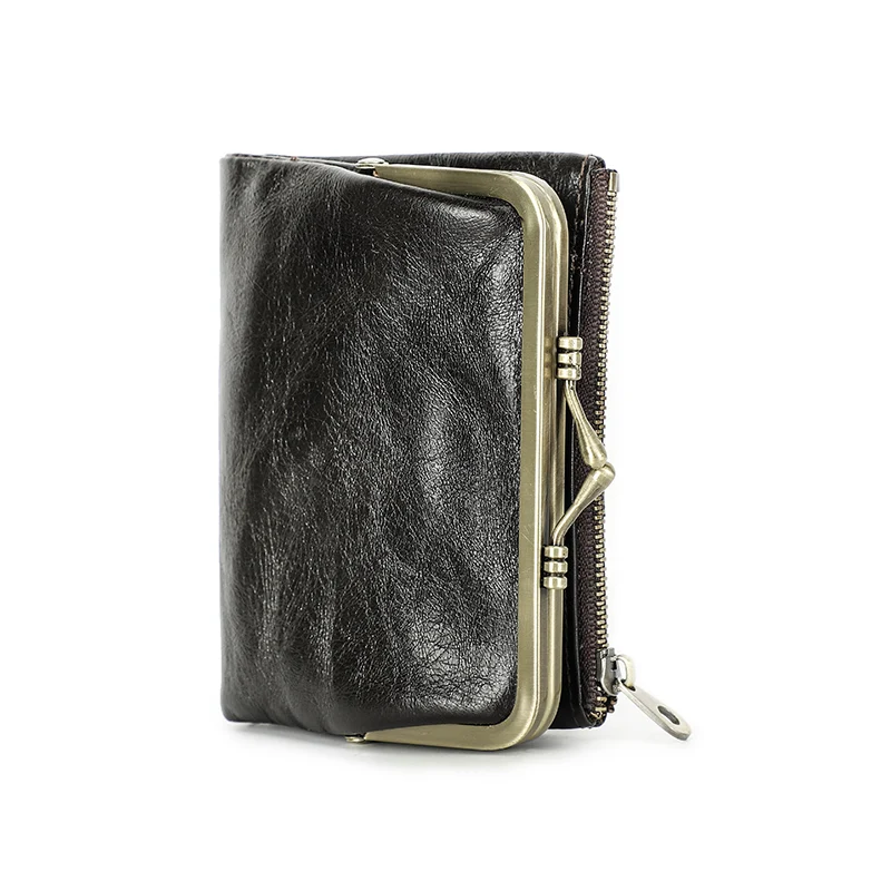 Genuine Leather Clutch Bag Women's Small Metal Frame Purse Clasp and Zipper Coin Pocket for Credit Card Holder Wallets