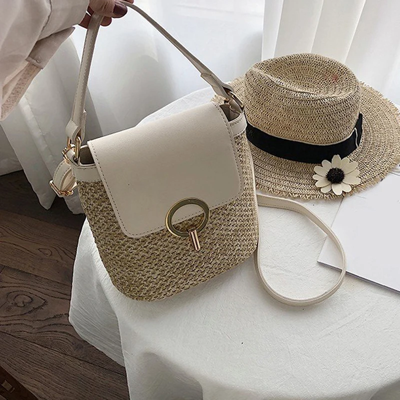 Popular Small Straw Bucket Bags Women Summer Crossbody Bags Lady Travel Purses And Handbags Female Shoulder Simple Bag