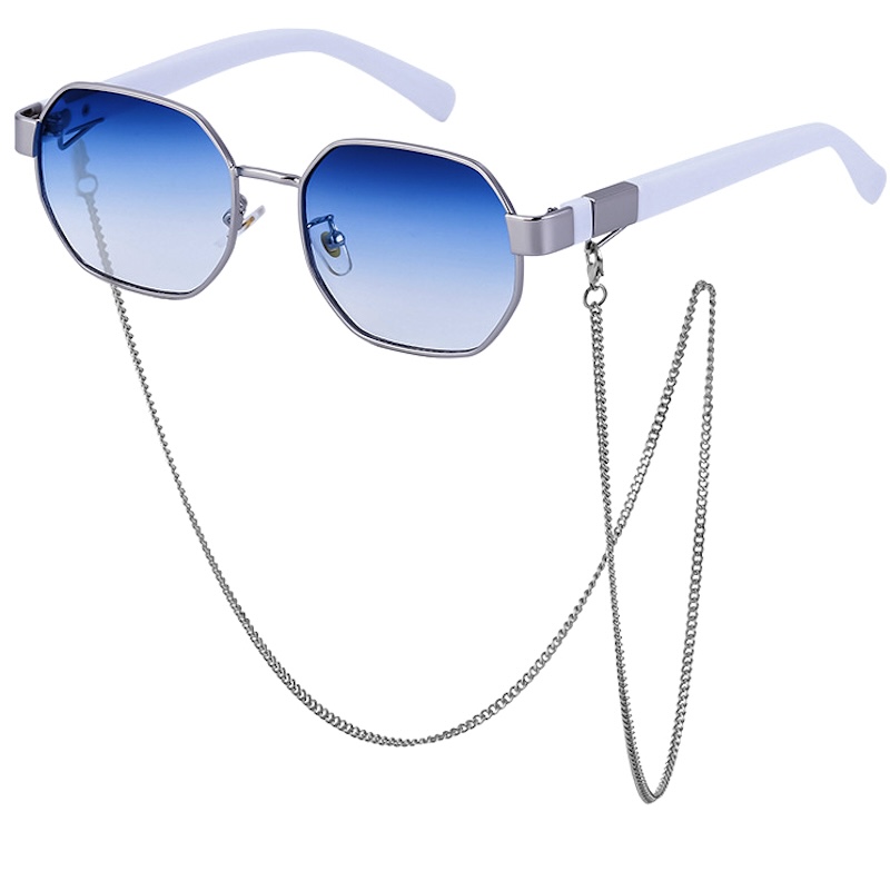 Vintage Sunglasses Women With Chain Small Frame Hexagon Luxury Brand Designer Punk Sun Glasses For Ladies Shades Fashion Square Sexy Cat Eye Oval Meta