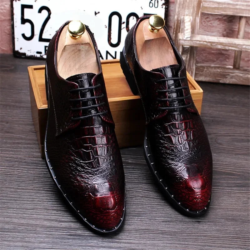 Fashion Mens Alligator Grain Size Leather Dress Shoes Mens Casual Dot Toe Oxford Mens Lace Business Office Oxford Shoes 241031
