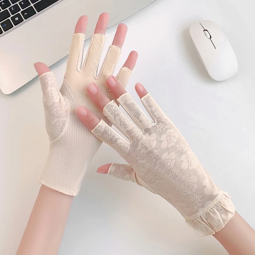Women Summer Sunscreen Lace Flowers Driving Cycling Breathable Half Finger Gloves Thin Mesh Ice Screen Anti Slip Mittens 5