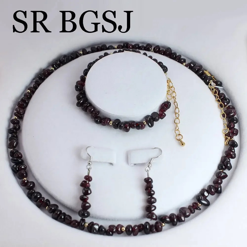6-8mm Red Garnet Natural Gemstone Womens Necklace Bracelet Earring Jewelry Set 17.5 7-8 241031