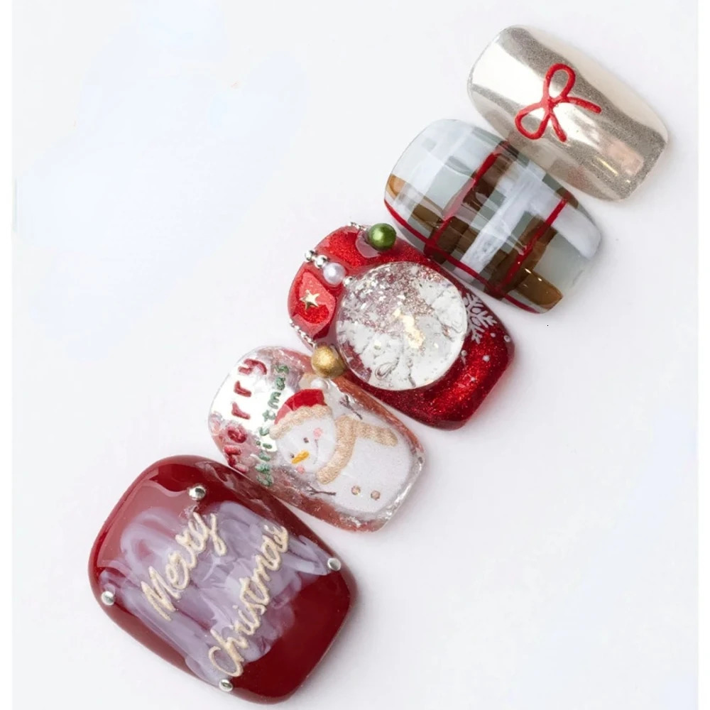 10 handmade short coffin fake nails limited edition red Christmas and Year nails nail n with set 241031