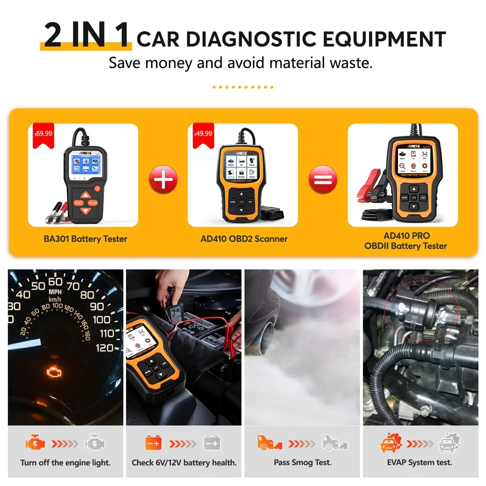 Ancel AD410pro OBD2 Scanner 6V 12V Automotive Battery Tester ODB2 Code Reader Erase Error Codes Check Engine Car Diagnostic Tool