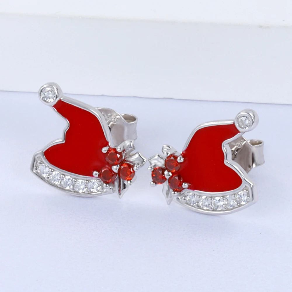 925 sterling silver cute Santa hat stud earrings red enamel Christmas gift 241031