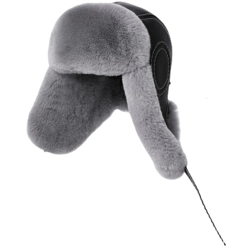 Fashion Mens Genuine Rex Rabbit Fur Bomber Hat Wusanka Hat Hunter Russian Mens Ski Hat Genuine Sheepskin Winter Warmth 241031