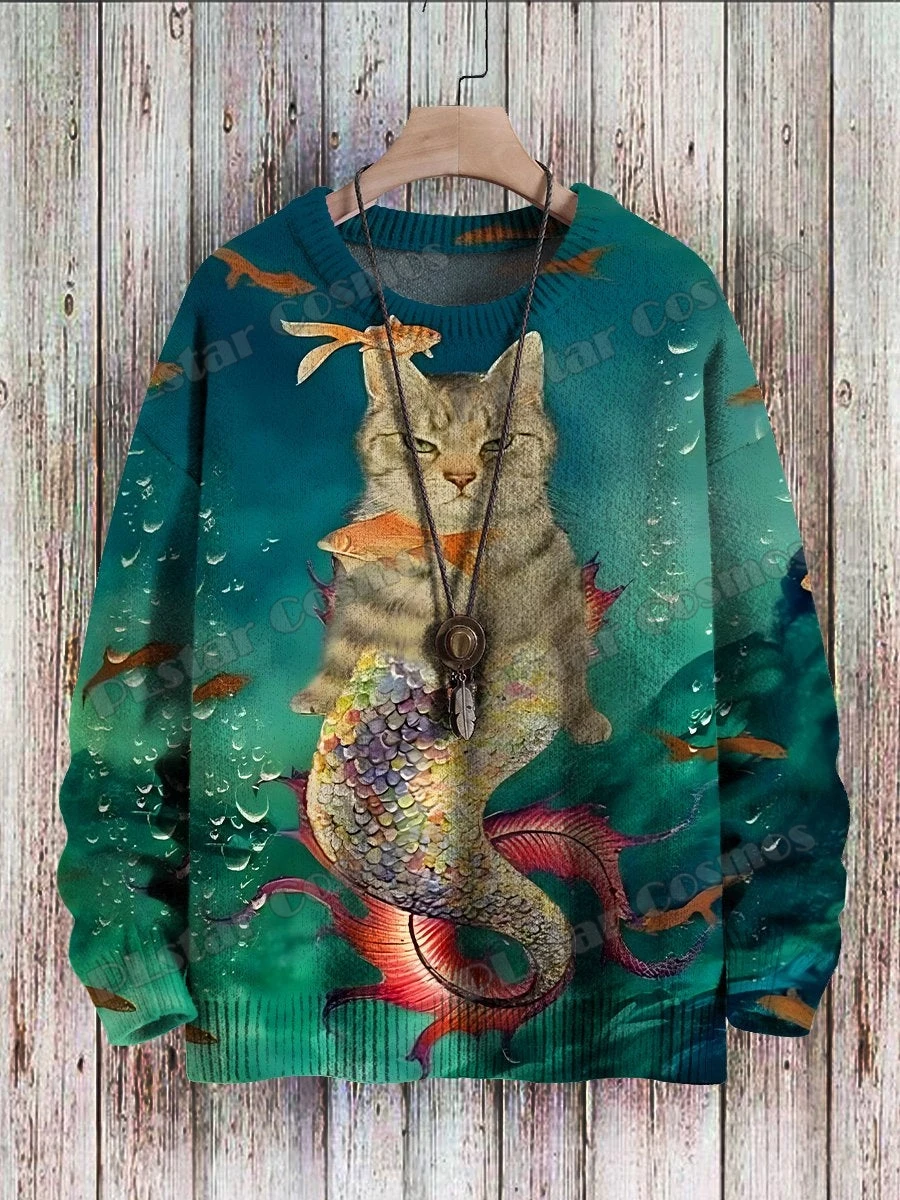 Cute Cat & Halloween Ghost Swing Retro Art Pattern 3D Printed Men's Knitted Pullover Winter Casual Knit Pullover Sweater ZZM73