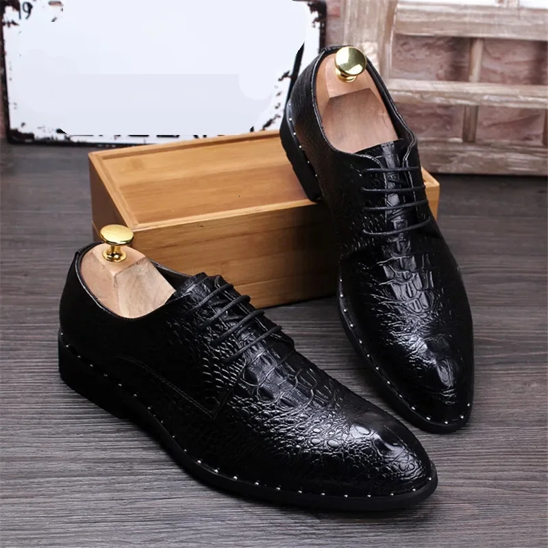 Fashion Mens Alligator Grain Size Leather Dress Shoes Mens Casual Dot Toe Oxford Mens Lace Business Office Oxford Shoes 241031