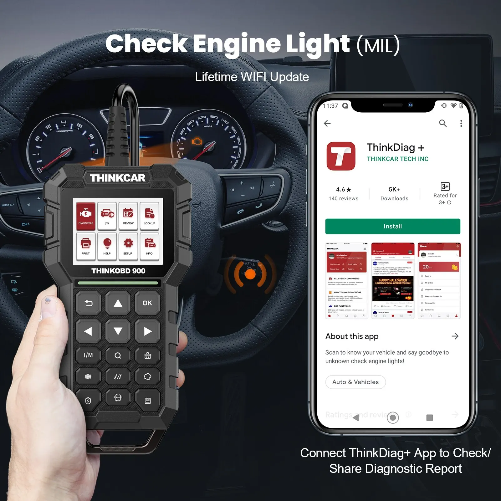 THINKCAR THINKOBD 900 OBD2 Scanner Engine Fault Light Check Code Reader Full OBDII Function Lifetime Free Car Diagnostic Tools