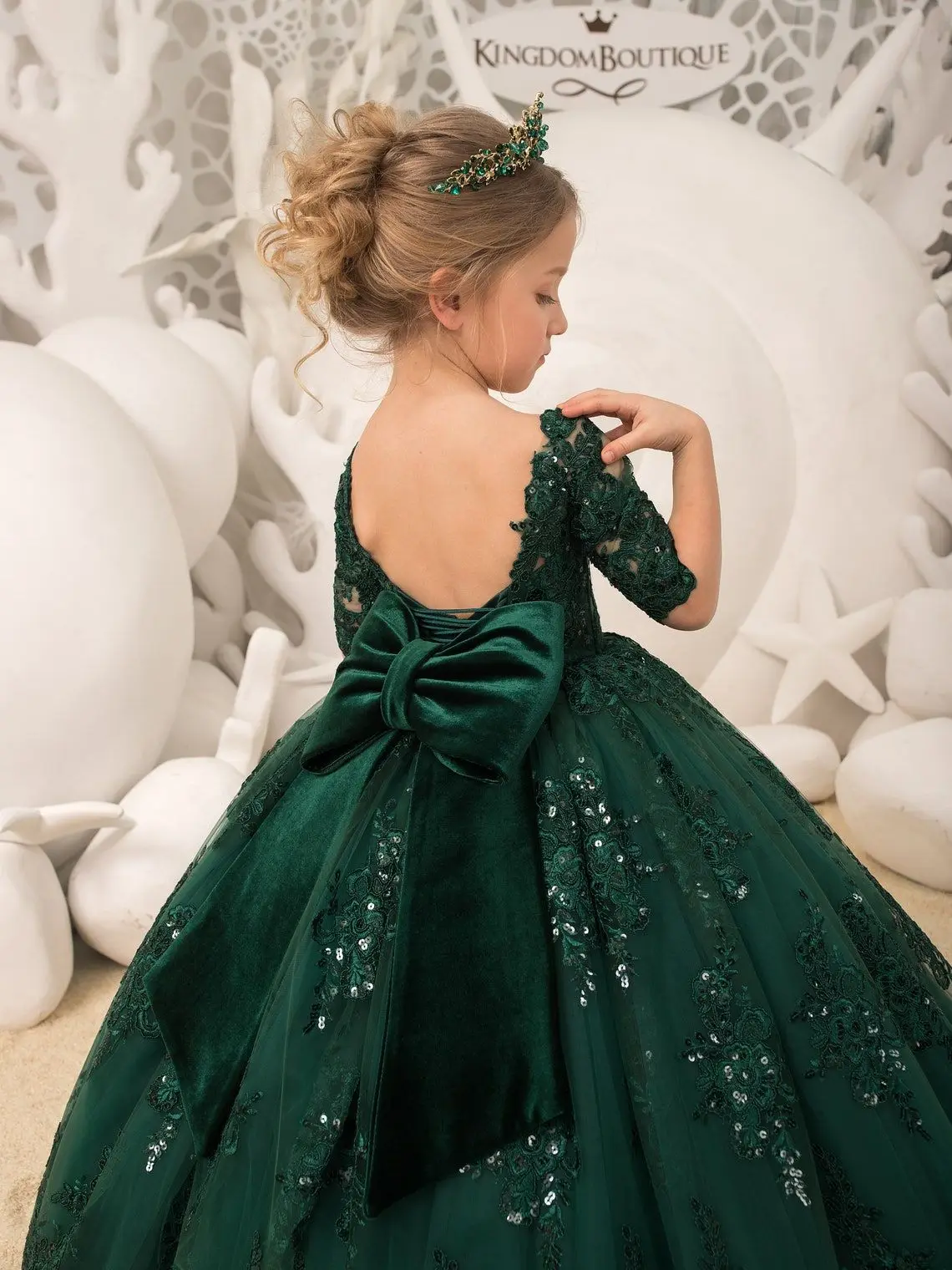 Emerald Green Lace Tulle Half Sleeve Flower Girl Dresses Appliues Back Big Bow Sequined Bown Gown Kids Party Dress