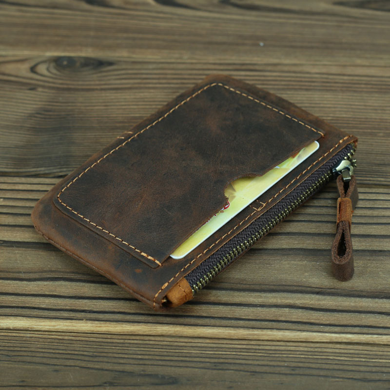 Vintage Crazy Horse Leather Men Coin Purse Retro Key Holder Small Money Bag Clutch Bag Genuine Leather Zipper Coin Wallet
