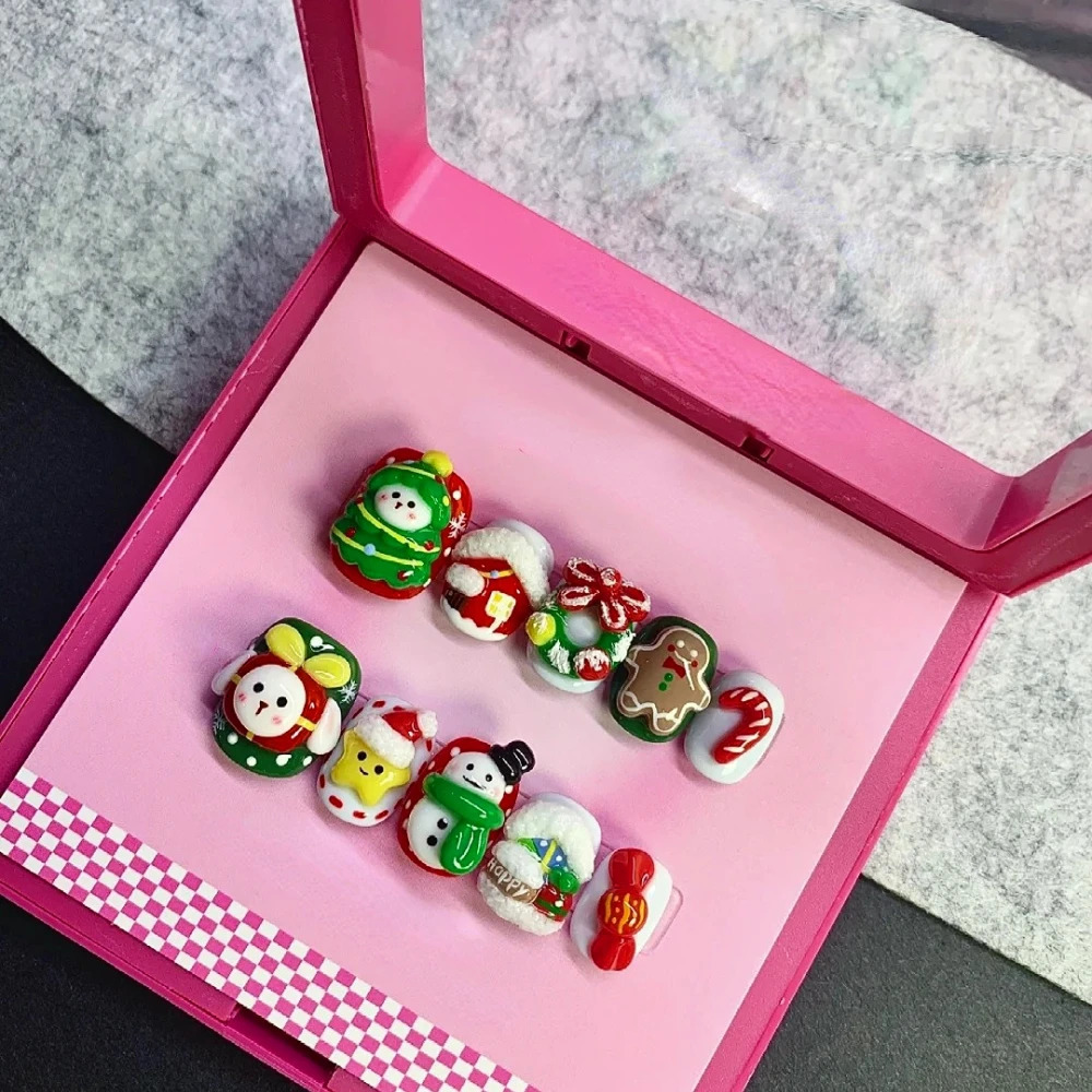 10 ious handmade pressed nails for Christmas and Year cute 3D short square limited fake nail n art DIY nail set 241031