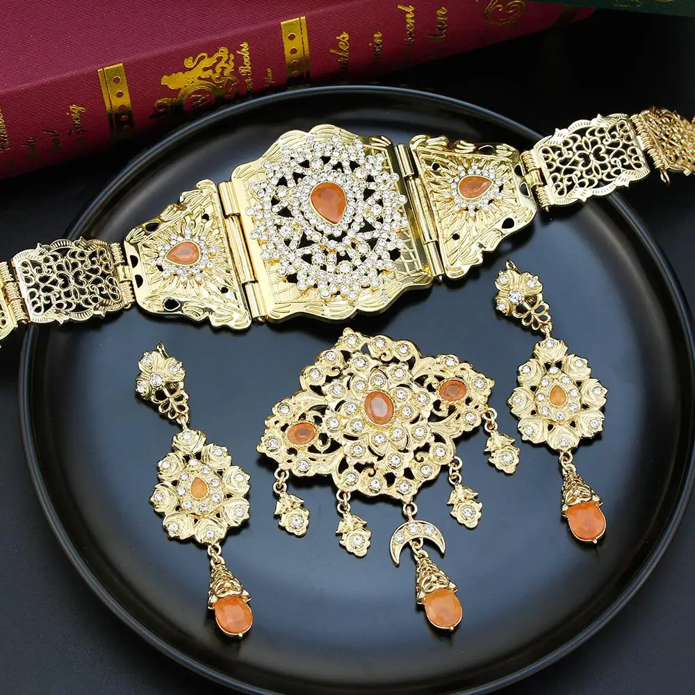 Sunspicems Morocco Bride Jewelry Sets Gold Color Orange Crystal Brooch Women Earring Caftan Waist Chain Belt Wedding Jewelry