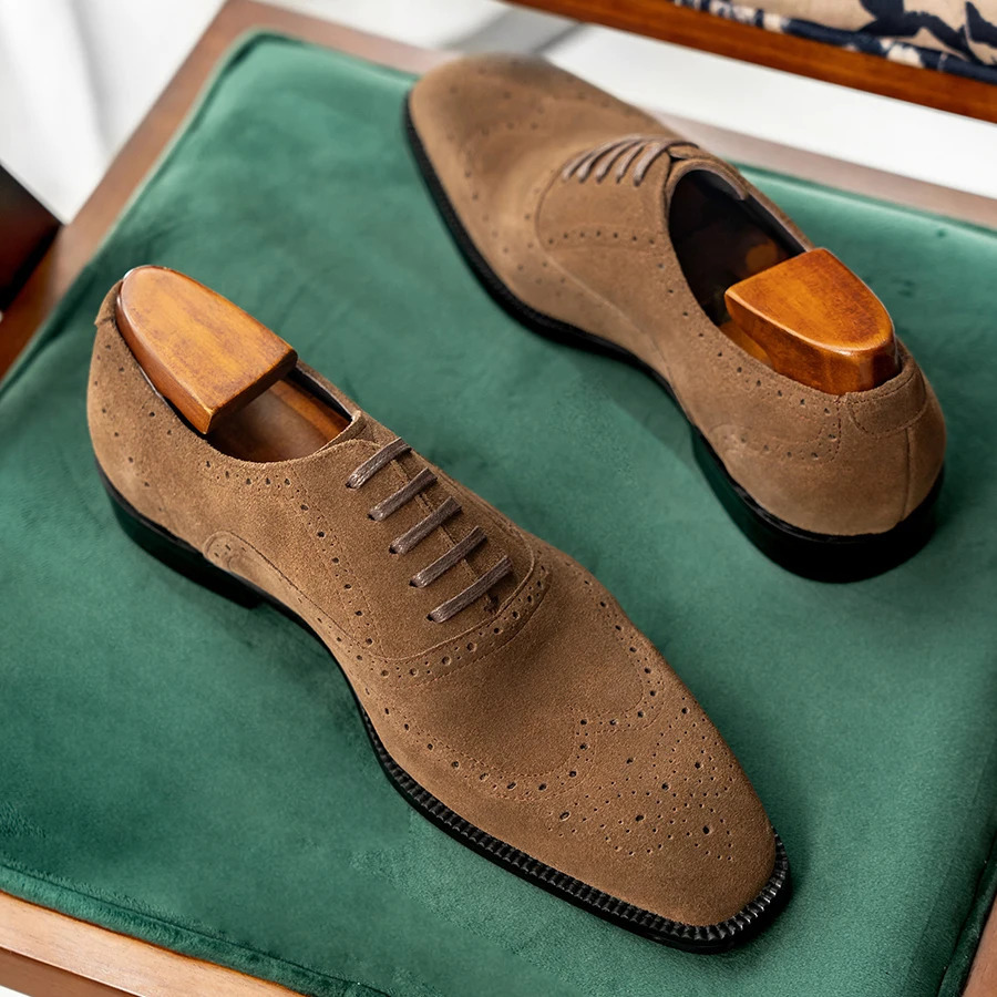 2025 Hanmce Mens Suede Oxford Wedding Party Shoes Brown Black Sliding Leather Casual Mens Handmade Shoes 241031