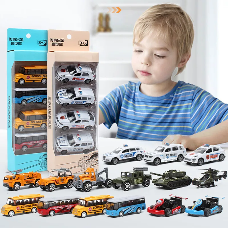 4Pcs Set Todder Car Toy Multi-Style Police School Bus Taxiing Alloy Mini Car Model Kids Pocket Small Durable Car Toys for Kids