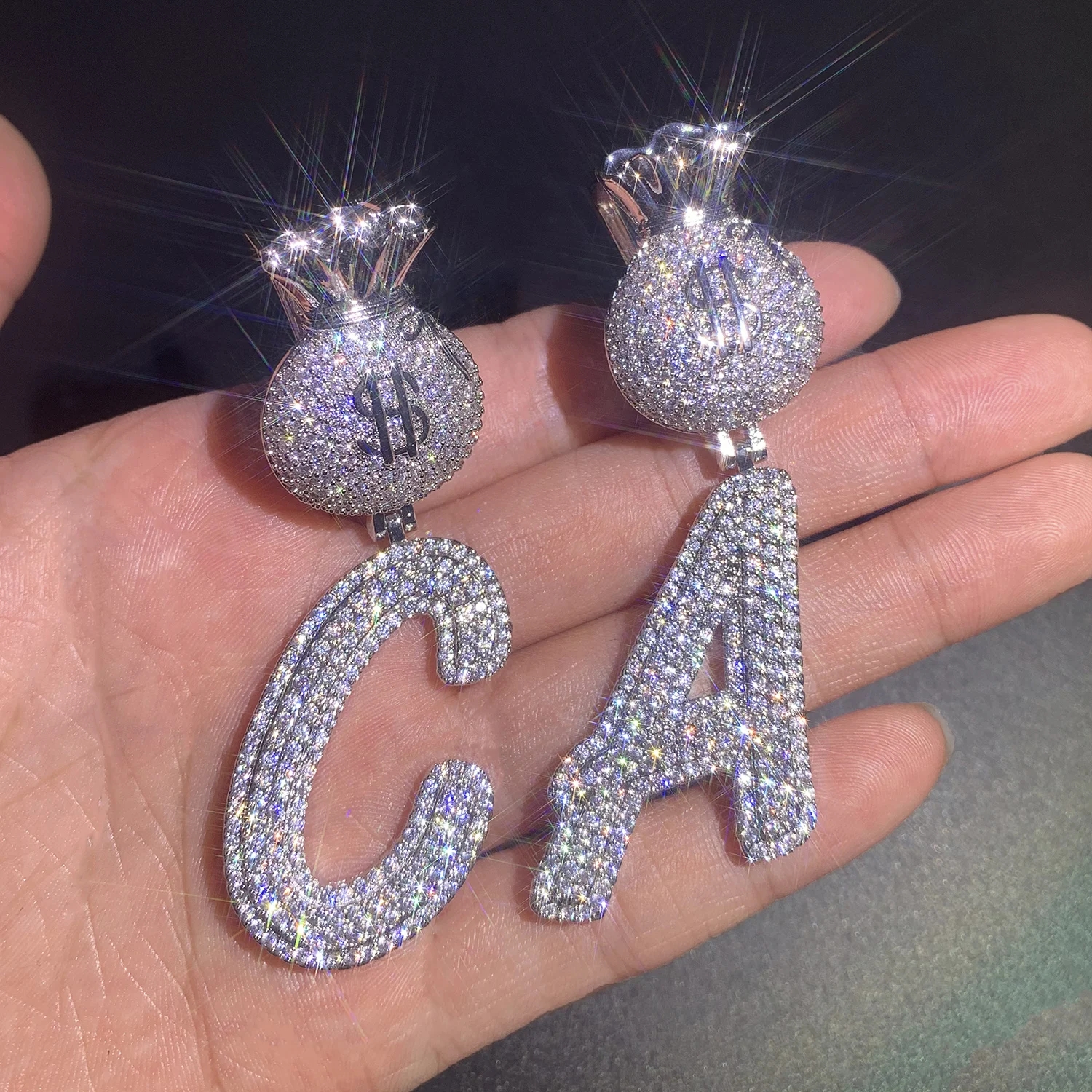 Dollar Bag Bail Initial Letters Pendant Iced Out Cubic Zirconia Gold Silver Color Necklace Chain Men Women Hip Hop Jewelry