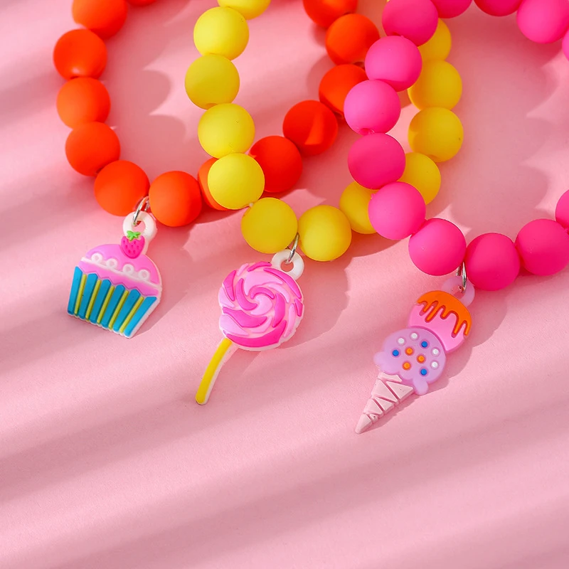 3Pcs/set Cute Kawaii Unicorn Rainbow Charm Stretch Candy Color Beads Bracelet For Teens Girls Bracelets Jewelry Gifts