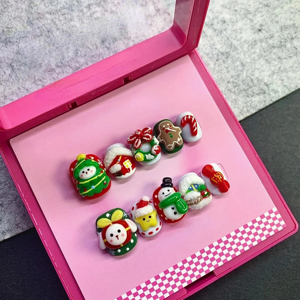 10 ious handmade pressed nails for Christmas and Year cute 3D short square limited fake nail n art DIY nail set 241031